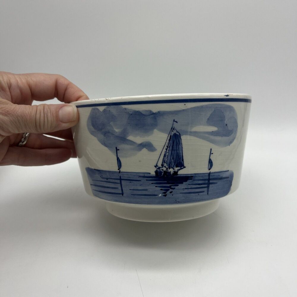 Vintage Delft Style Pottery Bowl - Blue And White- Windmill - Sailboat